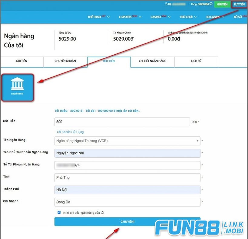 Đặt lệnh rút tiền tại FUN88