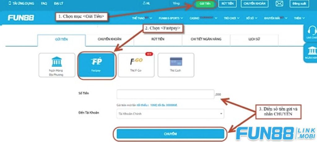 Chuyển tiền vào Fun88 bằng Fastpay